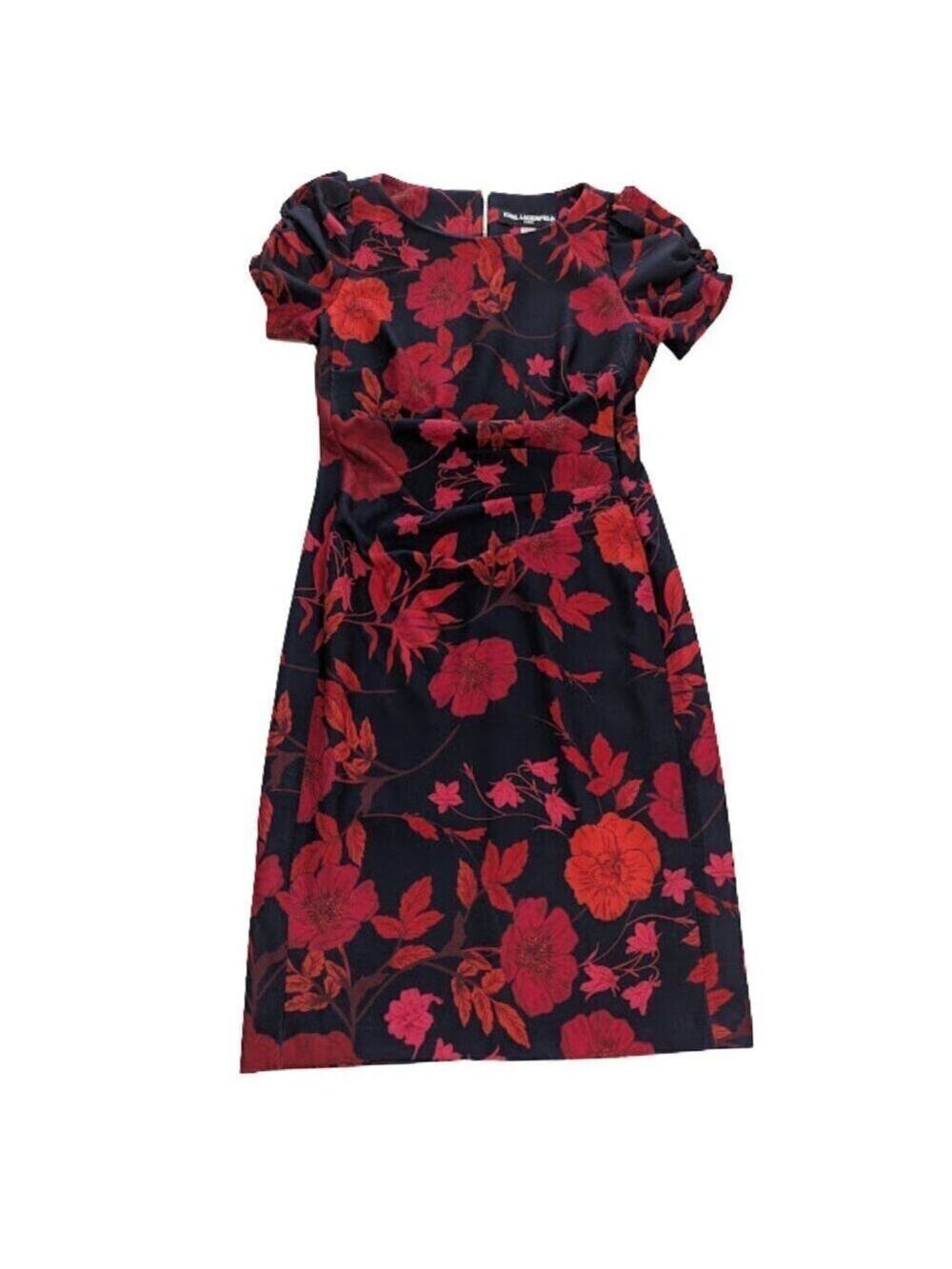 Karl Lagerfeld Paris Scuba Crepe Pleated Waist Sheath Dress Navy Floral Size 2